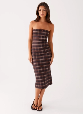 Niko Strapless Midi Dress - Brown Black Check Sunset Look Flexible Cut