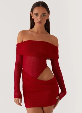 No Doubt Mini Dress - Red Embroidered-Detail Dress for brunch