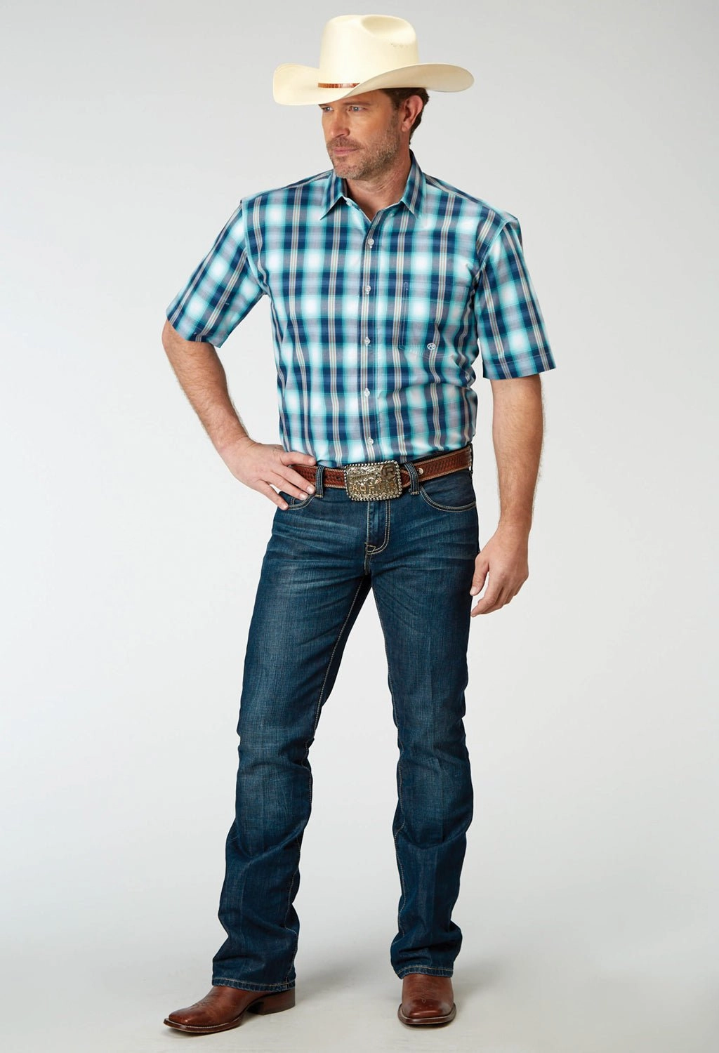 Comfort Wear Checkered Look Roper Mens Cool Breeze Plaid Blue 100% Cotton S/S Shirt