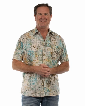 Scully Mens Batik Tiles Tan Multi 100% Cotton S/S Shirt hypoallergenic