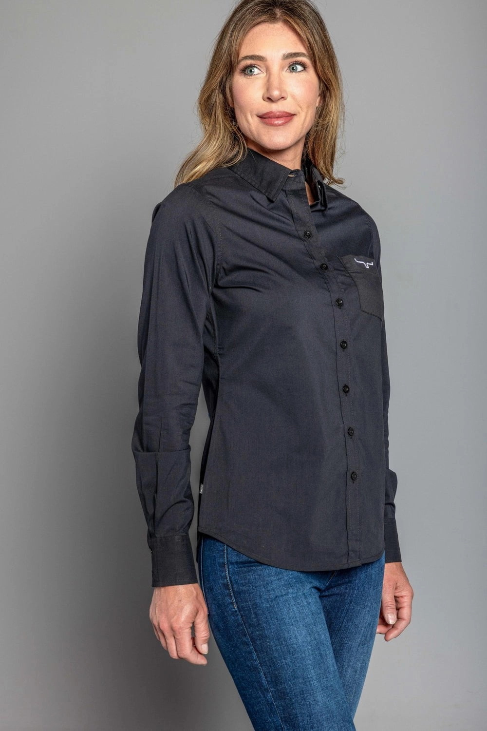 Kimes Ranch Womens Team Shirt Black Cotton Blend L/S Shirt Non Chafe Seams Breathable mesh