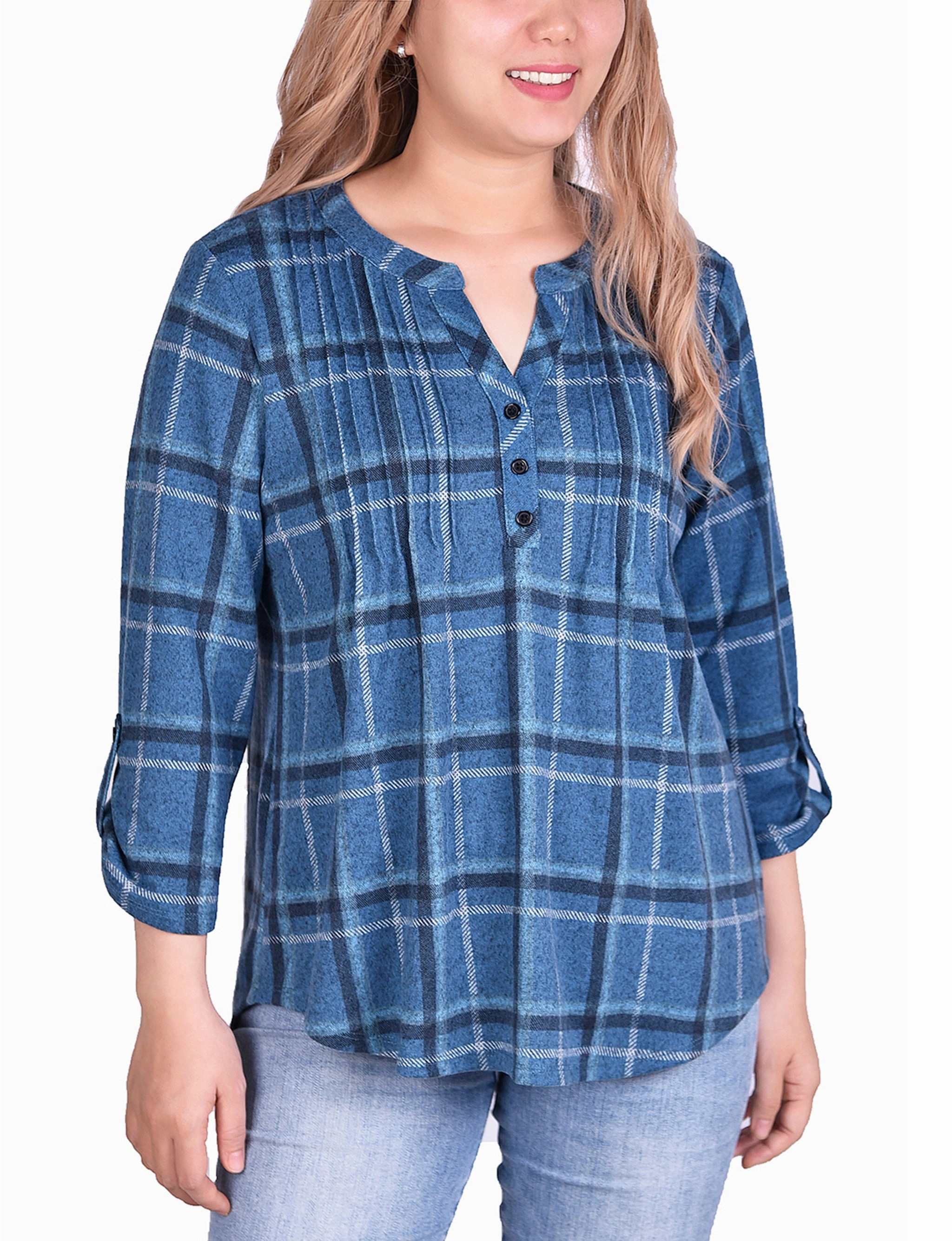 Odor Resistant 3/4 Sleeve Roll Tab Pintucked Front Pullover Top