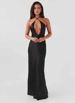 Noir Symphony Maxi Dress - Black Subtle Finish Matte Fabric