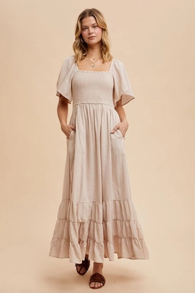 NOLA SMOCKED COTTON FLUTTER SLEEVE MAXI Relaxed Style Walkable Flow
