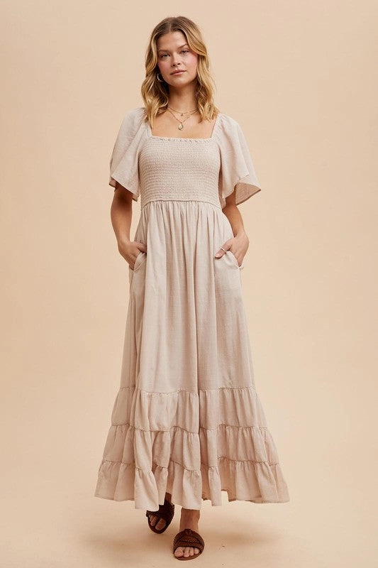 NOLA SMOCKED COTTON FLUTTER SLEEVE MAXI Minimal Outfit Fashion Option