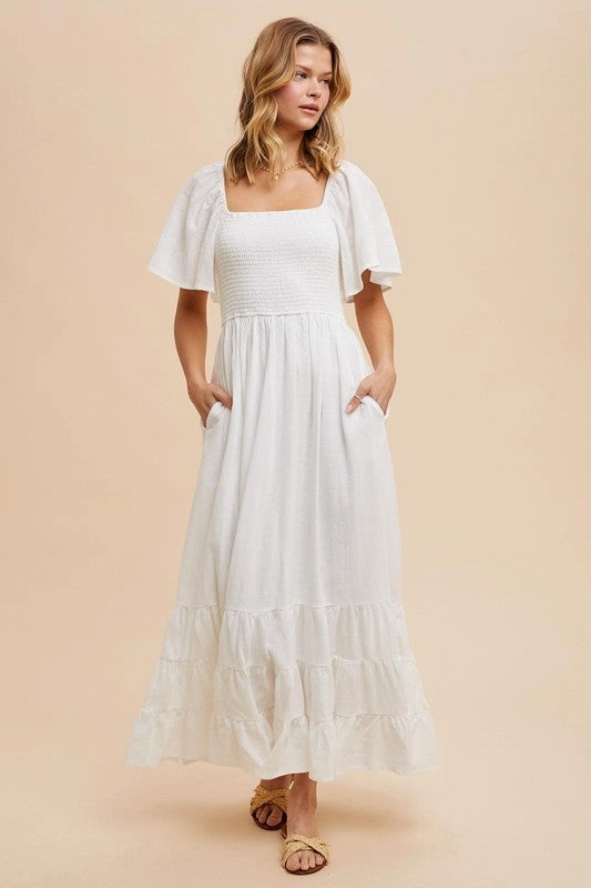 NOLA SMOCKED COTTON FLUTTER SLEEVE MAXI Timeless Fit Nature Inspired