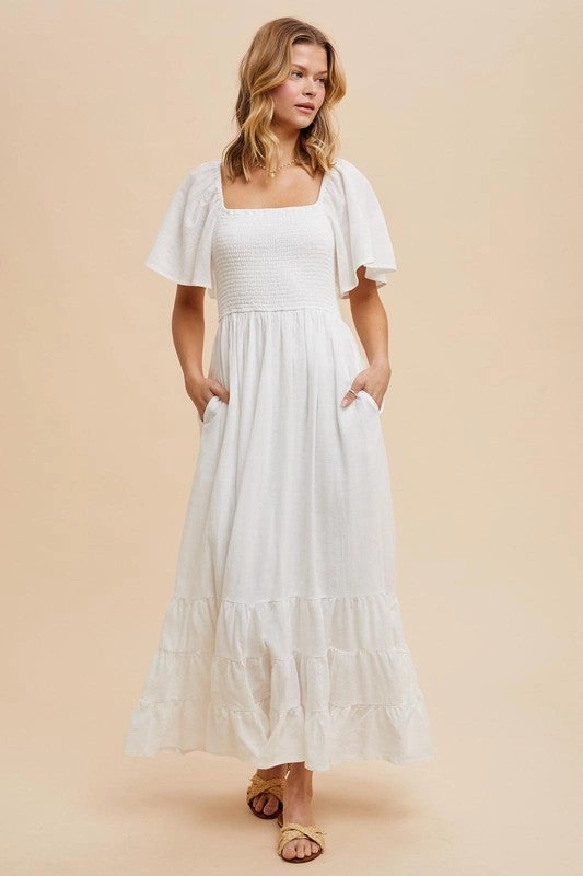 NOLA SMOCKED COTTON FLUTTER SLEEVE MAXI Flowy casual dress