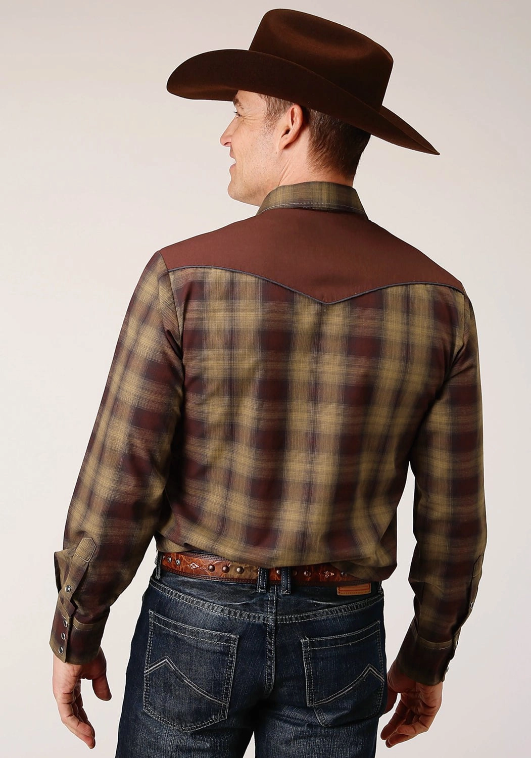Non Restrictive Armhole Roper Mens Caramel/Grey Cotton Blend Plaid L/S Shirt