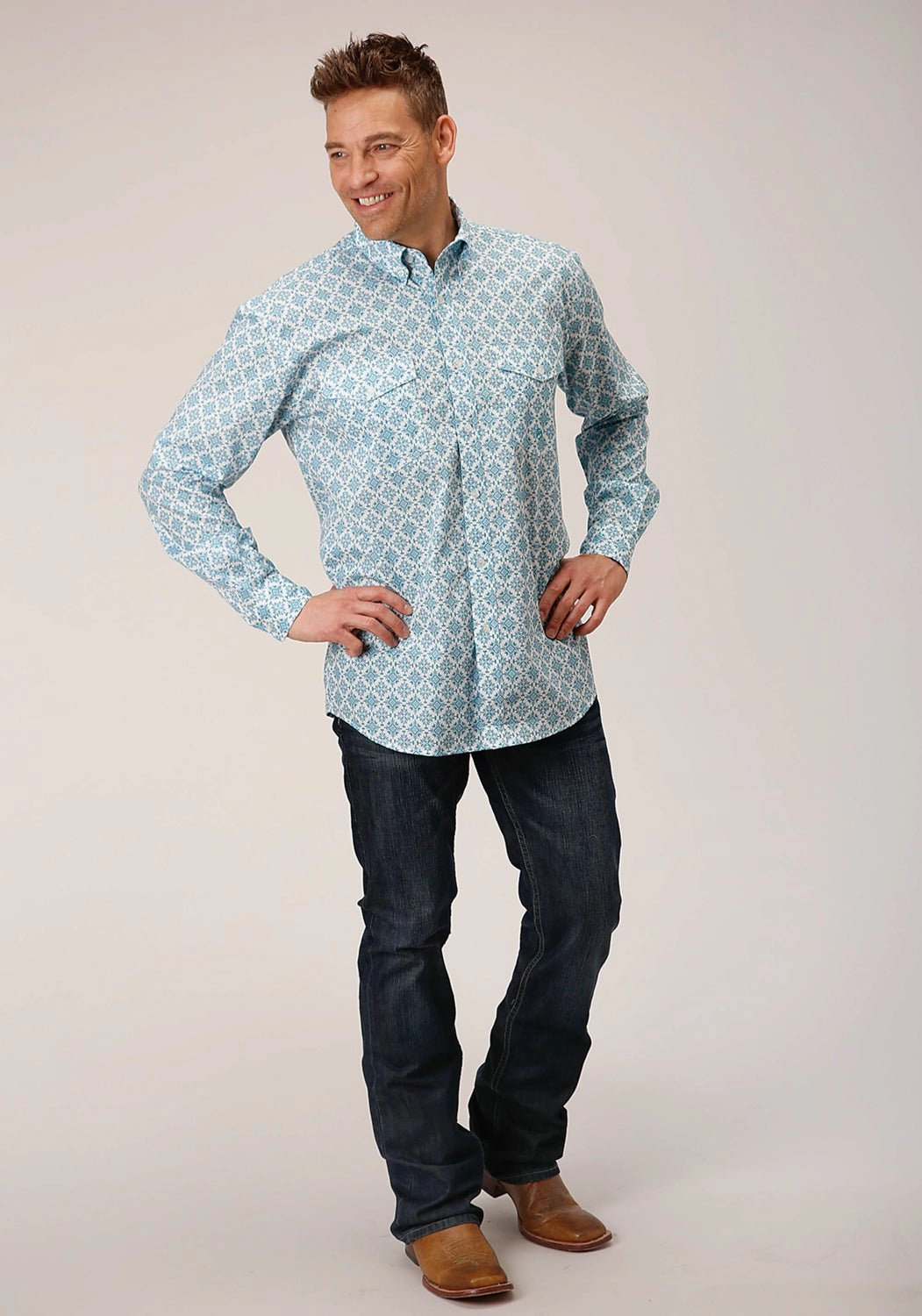 Smooth Seam Finish Twill Weave Roper Mens Medallion Turquoise 100% Cotton L/S Shirt