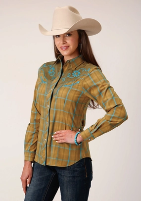 Roper Womens Butterscotch Plaid Yellow Cotton Blend L/S Shirt Lace Accent Twill Weave
