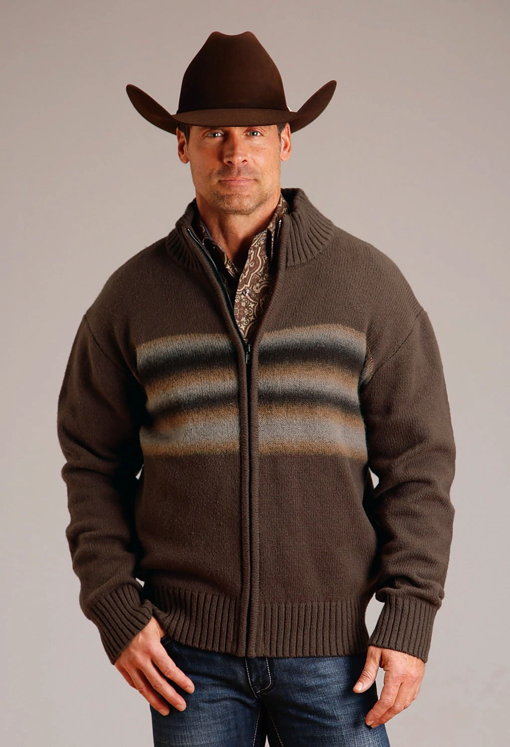 Stetson Mens Ombre Border Stripe Grey Wool Blend Cardigan Sweater Wedding guest Versatile Style
