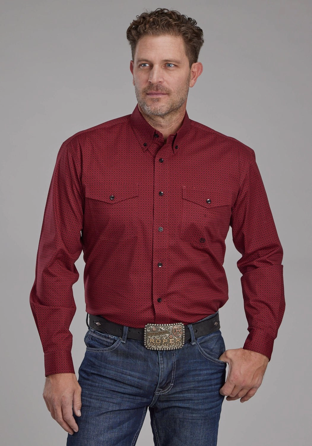 Cuffed hem Winter Fashion Roper Mens 2163 Diamond Stretch Red Cotton Blend Btn L/S Shirt
