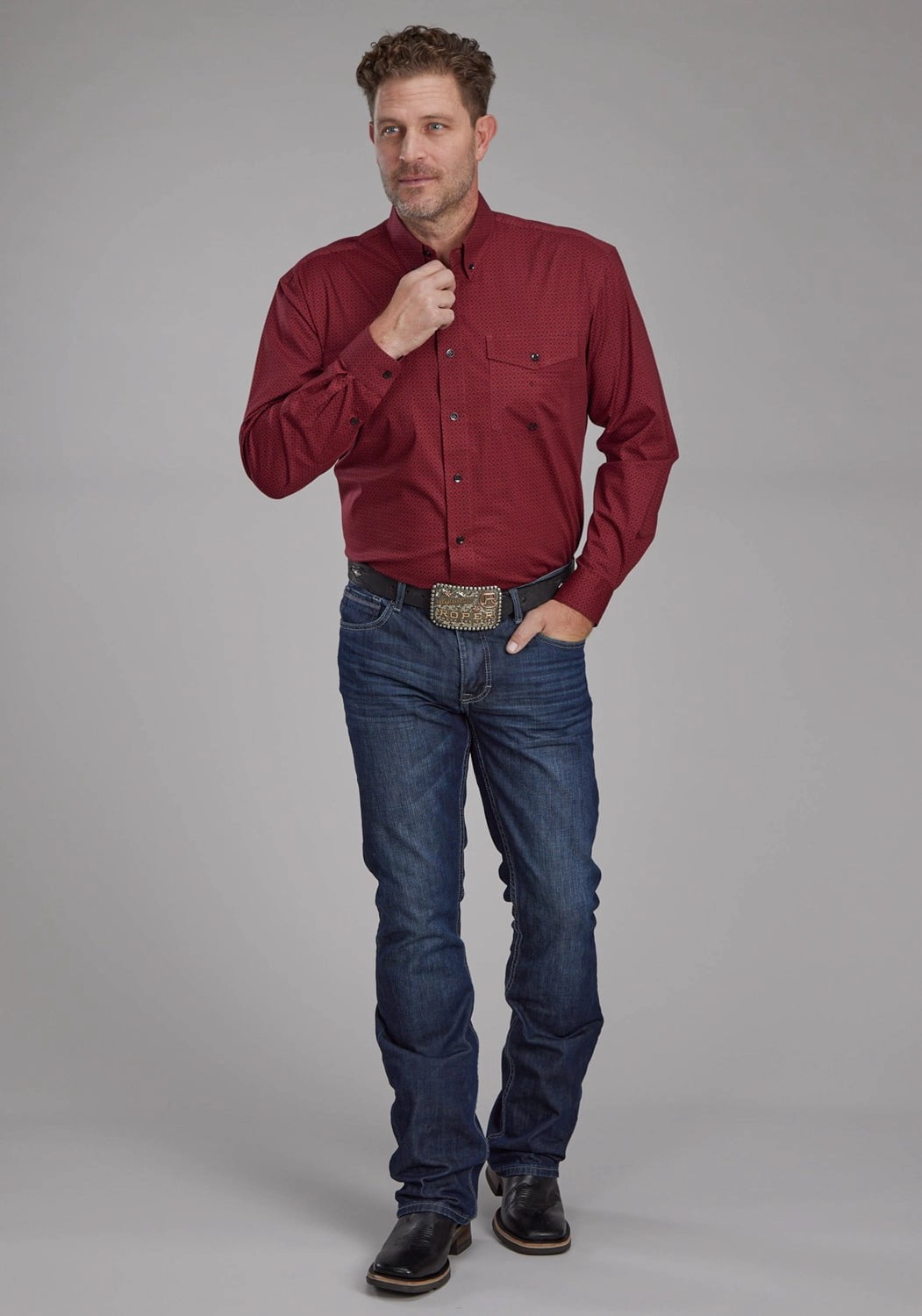 Sustainable Weave Roper Mens 2163 Diamond Stretch Red Cotton Blend Btn L/S Shirt