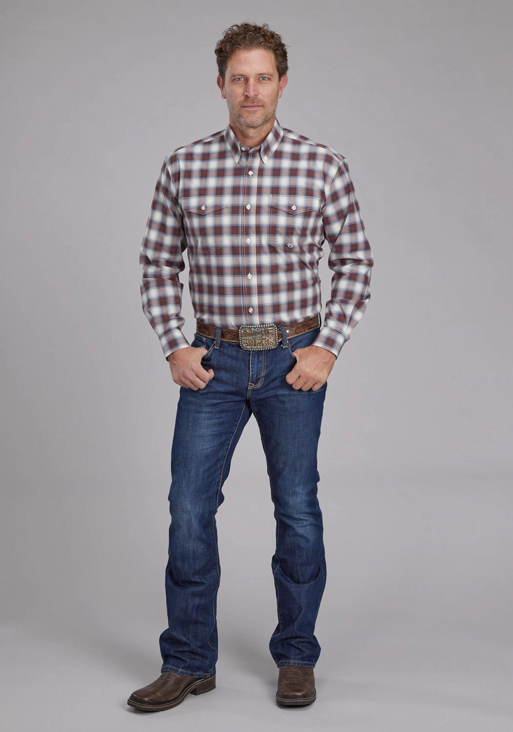 Layered Sleeve Cuffs Roper Mens 2164 Stretch Plaid Brown Cotton Blend Btn L/S Shirt