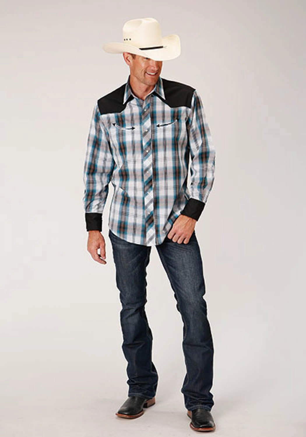 Roper Mens Retro Peacock Plaid Blue/White Cotton Blend L/S Shirt Glossy Texture