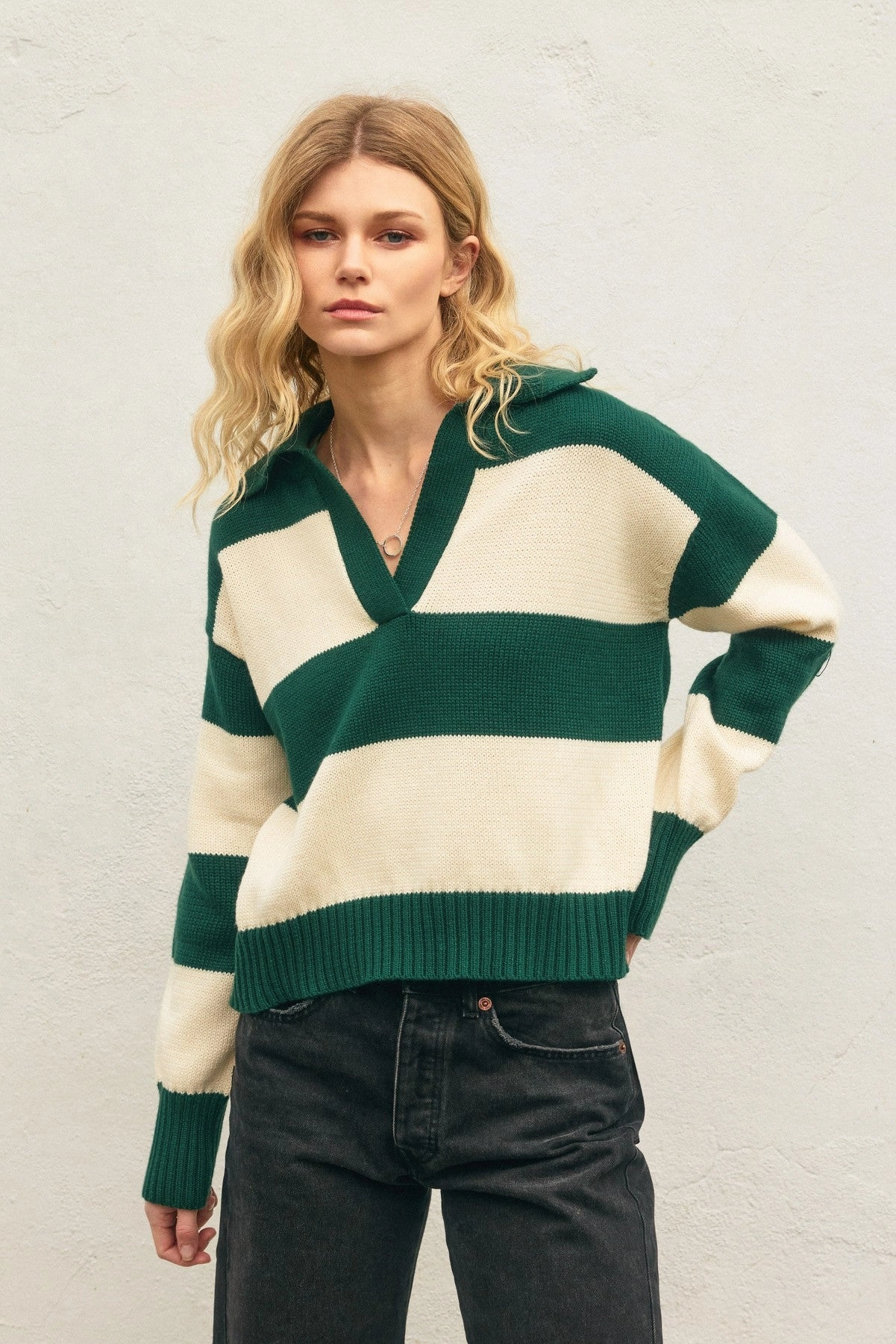 Thermal Insulation Polo Stripe Collared Sweater - Green