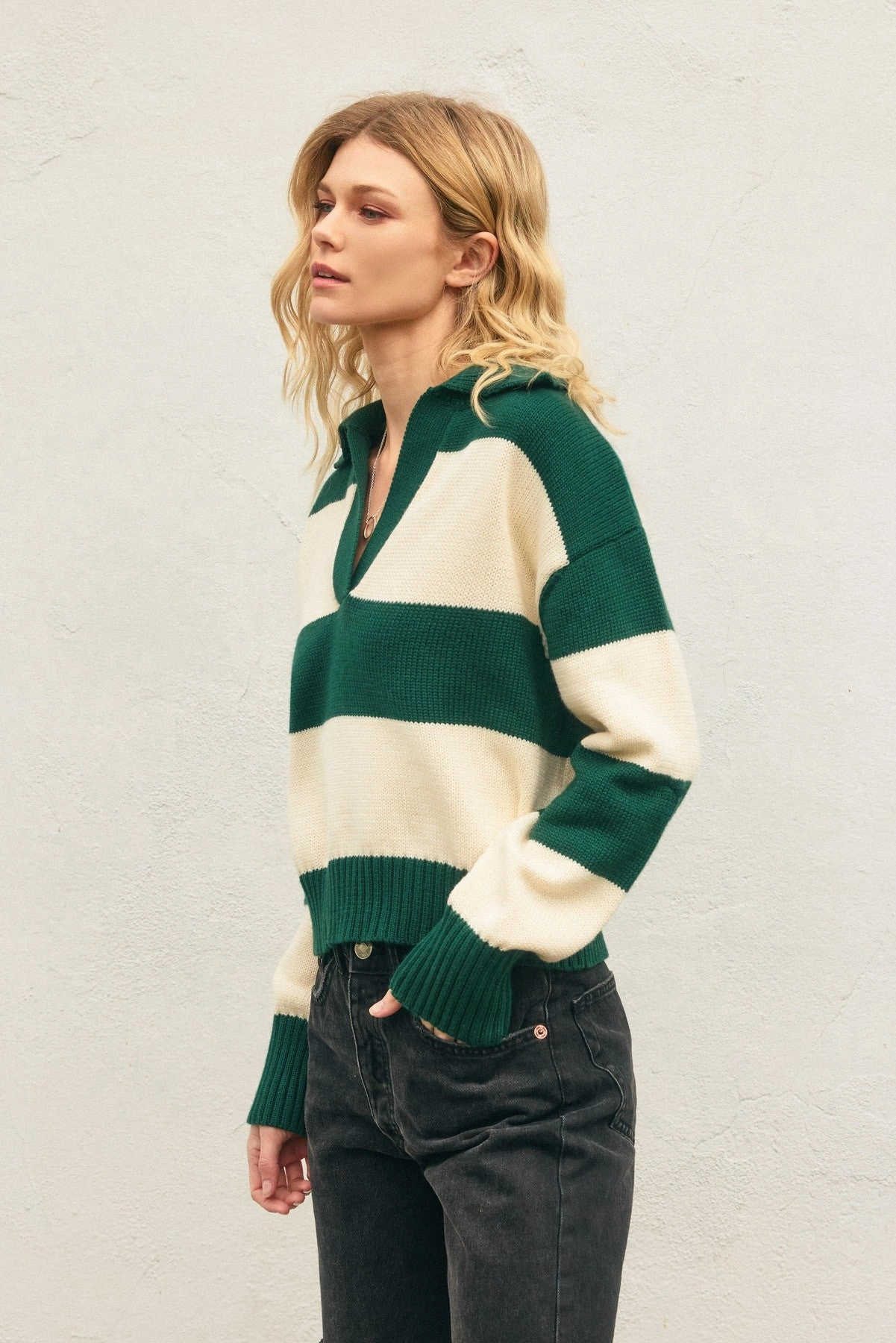 Comfy Knit Outfit Polo Stripe Collared Sweater - Green