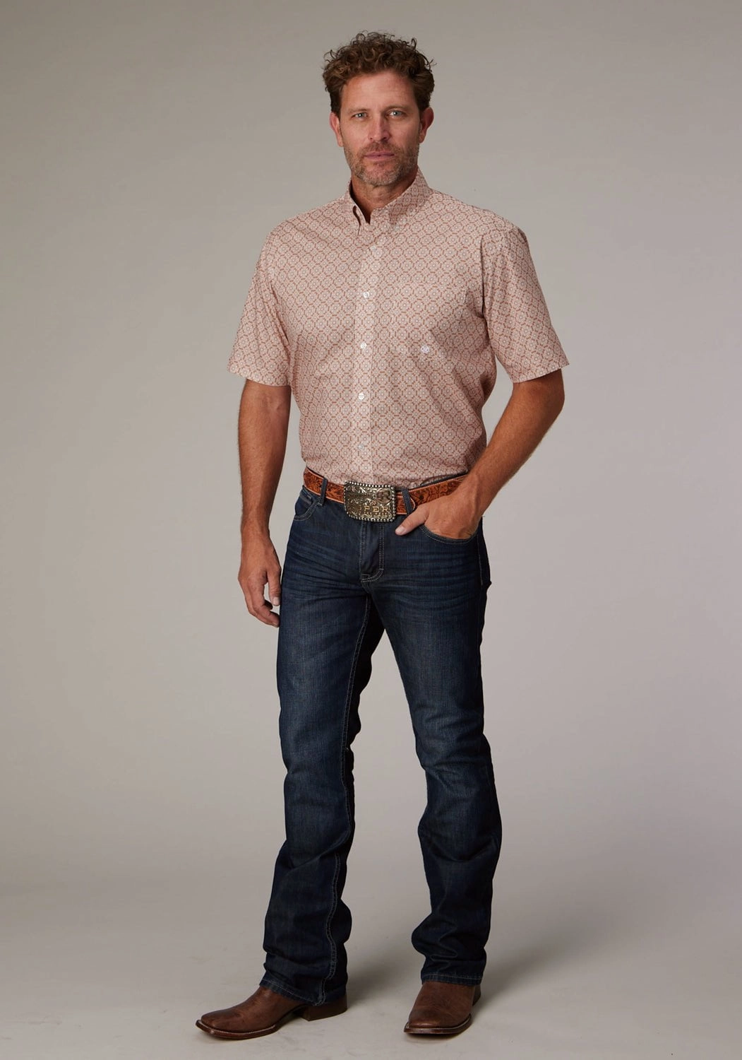 Roper Mens 2020 Medallion Clay 100% Cotton 1 Pkt S/S Shirt Pre Shrunk Cotton Blend