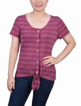 Short Sleeve Tie Front Top MoistureWicking Yarn