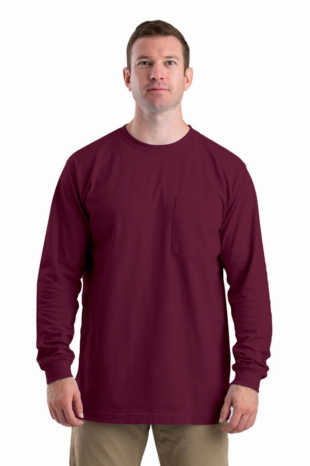 Smooth zipper closure Berne Mens Maroon Cotton Blend Heavyweight Pocket Tee L/S