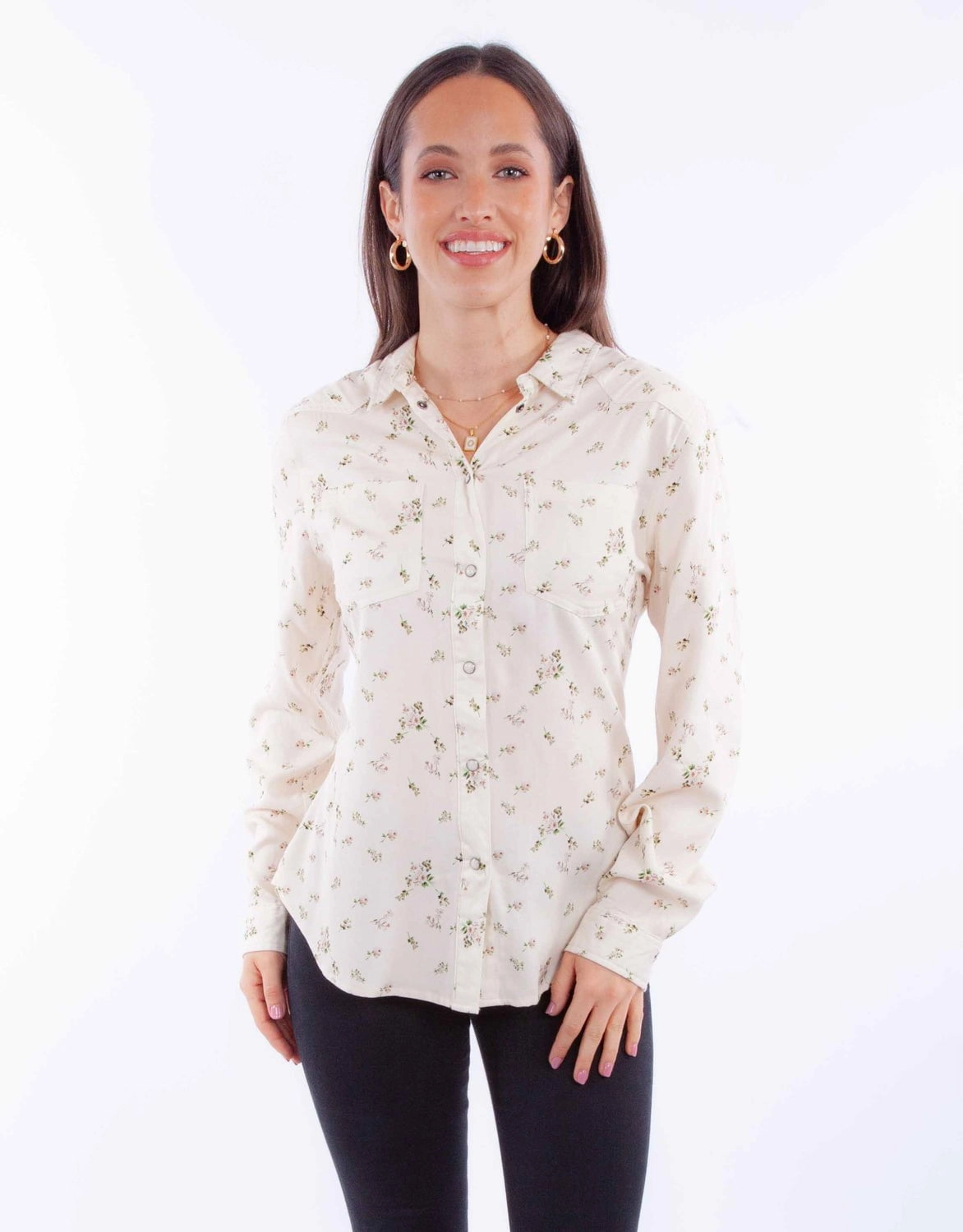 Gym Companion Scully Womens Ditsy Floral Print Ivory 100% Rayon L/S Blouse