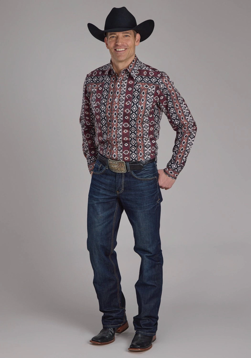 Roper Mens 2178 Winter Aztec Burgundy 100% Cotton L/S Shirt hypoallergenic