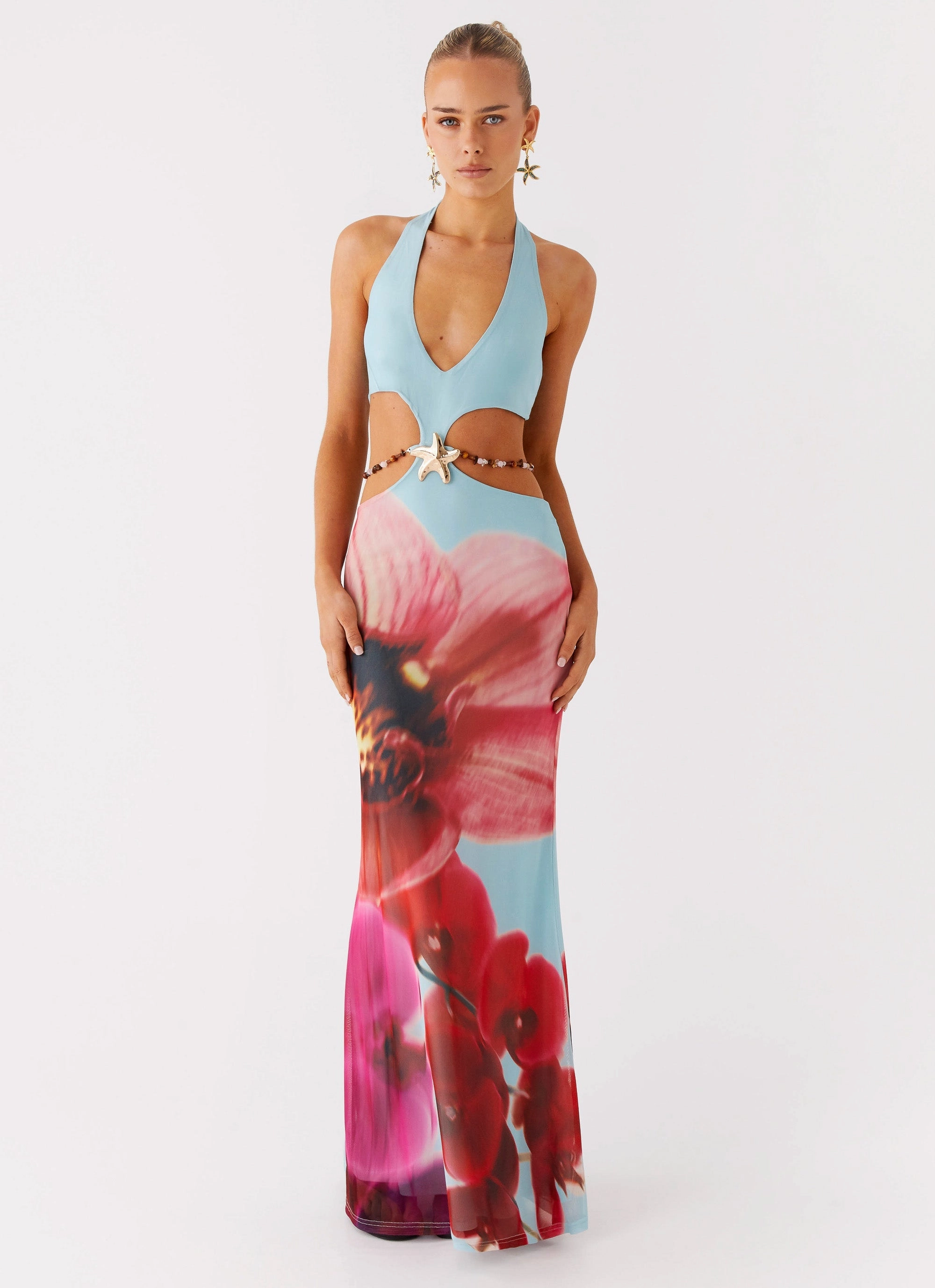 Soft Fit Wear Metallic-Shine Time To Dance Maxi Dress - Turquoise Bloom