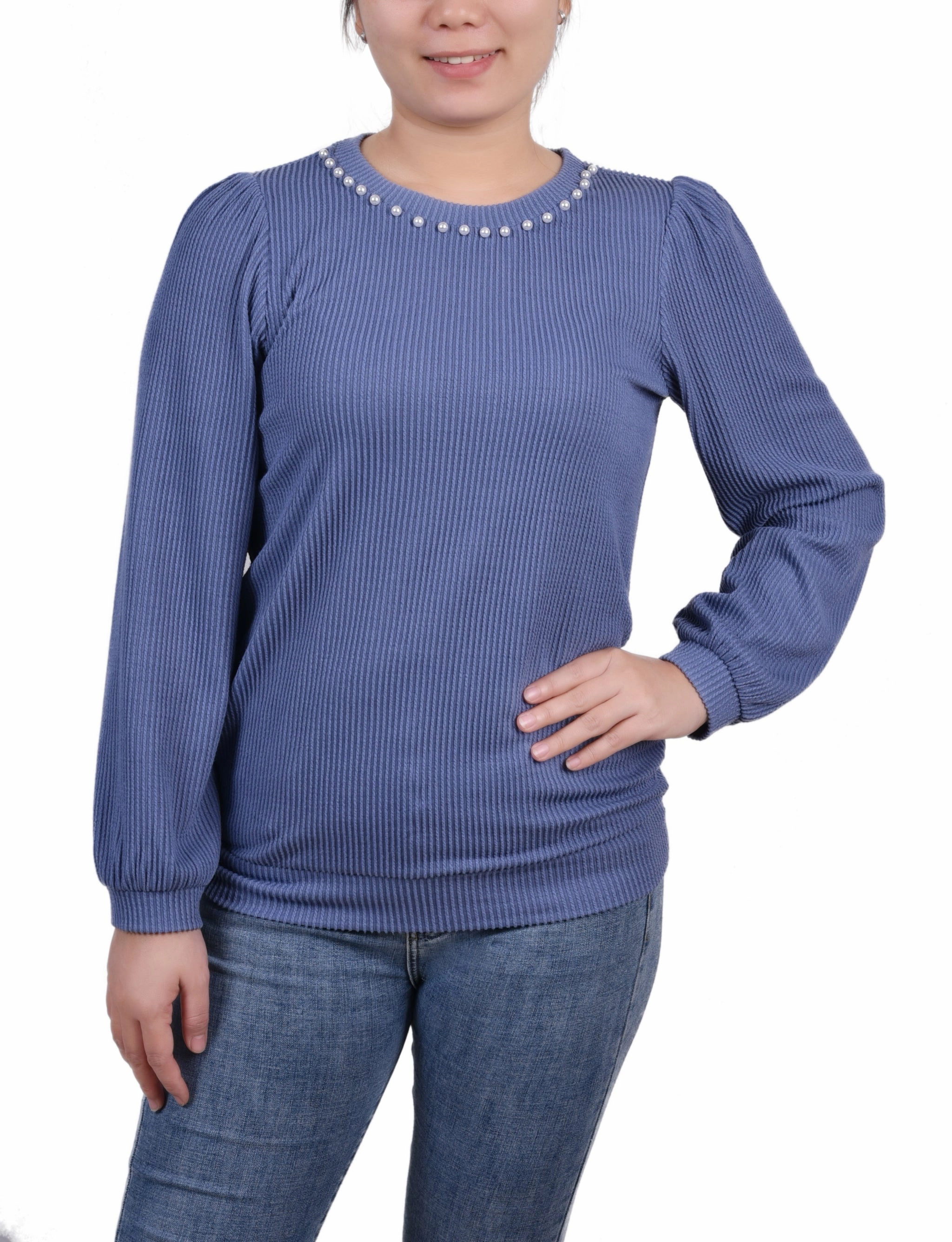 Long Sleeve Ribbed Pearl Trimmed Top StaticFree Material