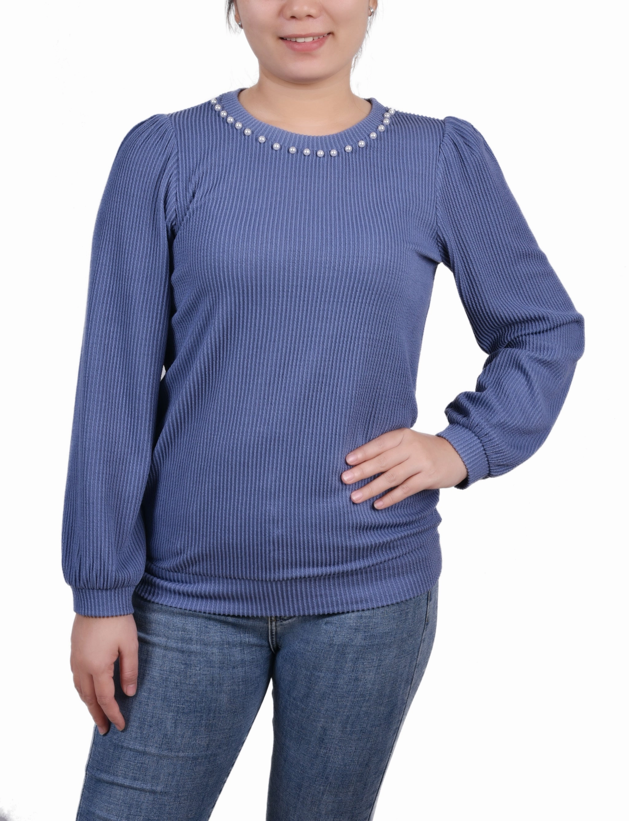 Thermal Lined Cuffs Multipanel Construction Long Sleeve Ribbed Pearl Trimmed Top