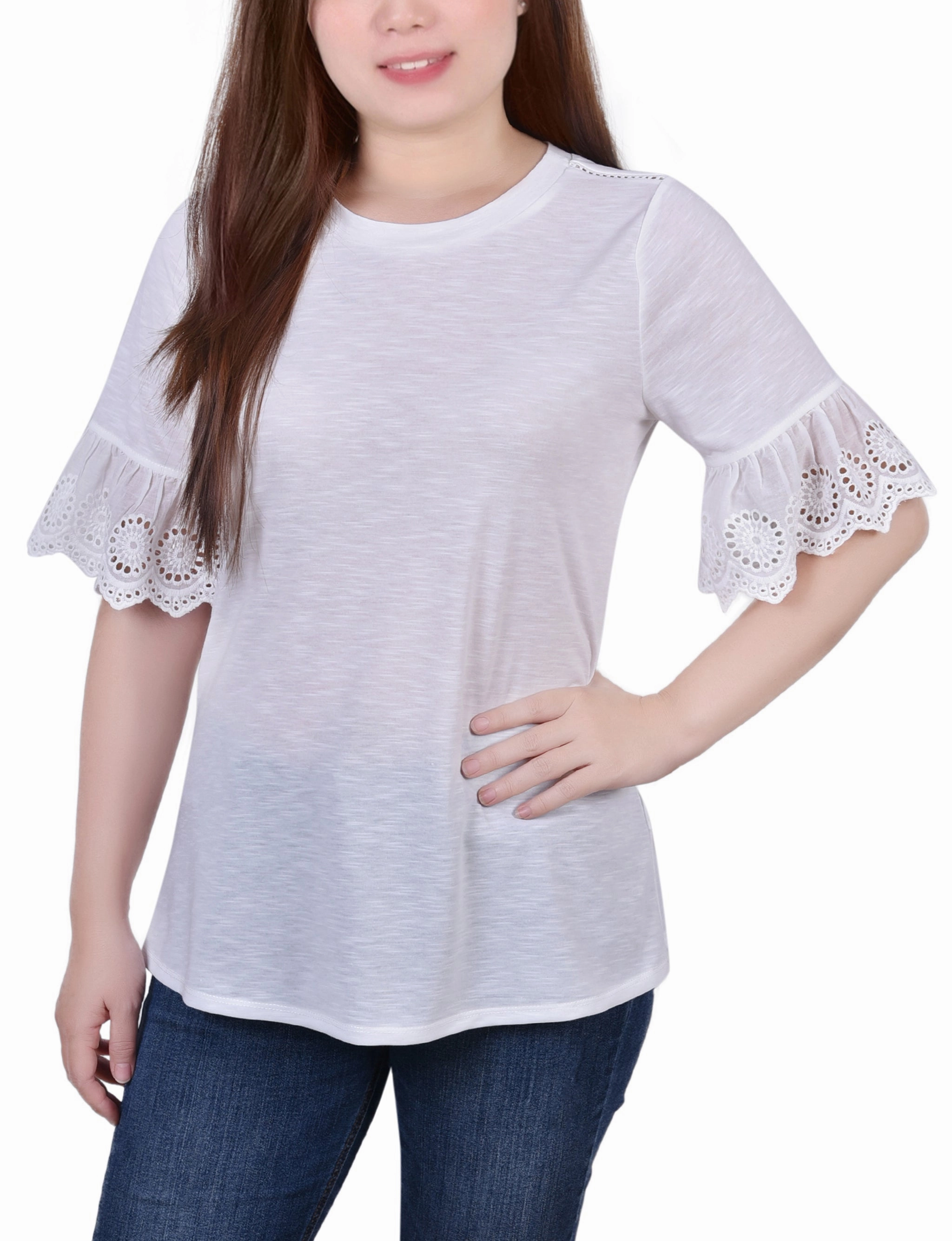 Temperature Regulating Durable Reinforced Hems Petite Short Bell Sleeve Slubbed Top