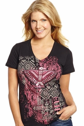Pastel Shade Seasonal Wardrobe Cowgirl Up Womens Black Cotton S/S T-Shirt Tribal Foil V-Neck