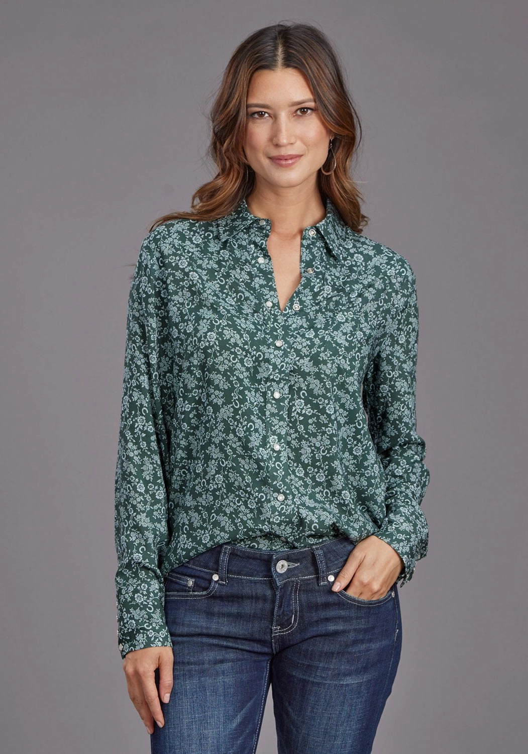 Stretch Material Stetson Womens Lucky Littl Floral Green 100% Rayon L/S Blouse