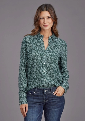 Plaid Design Holiday Gift Stetson Womens Lucky Littl Floral Green 100% Rayon L/S Blouse