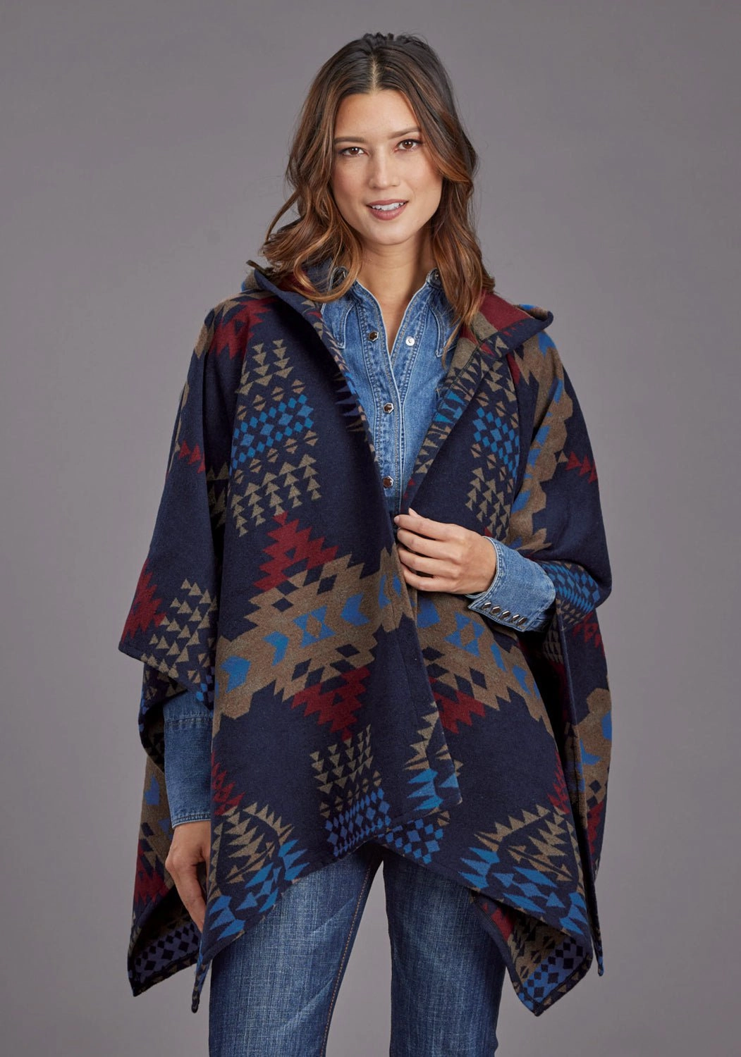 Stetson Womens Aztec Blanket Hooded Blue Poly/Wool Wrap Minimalist Style