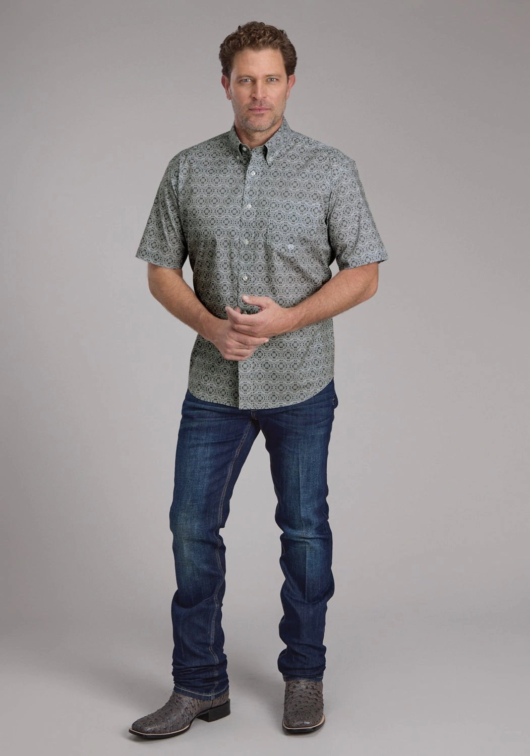 Roper Mens Stretch Medallion Paisley Grey Cotton Blend 1 Pkt S/S Shirt Hooded Option