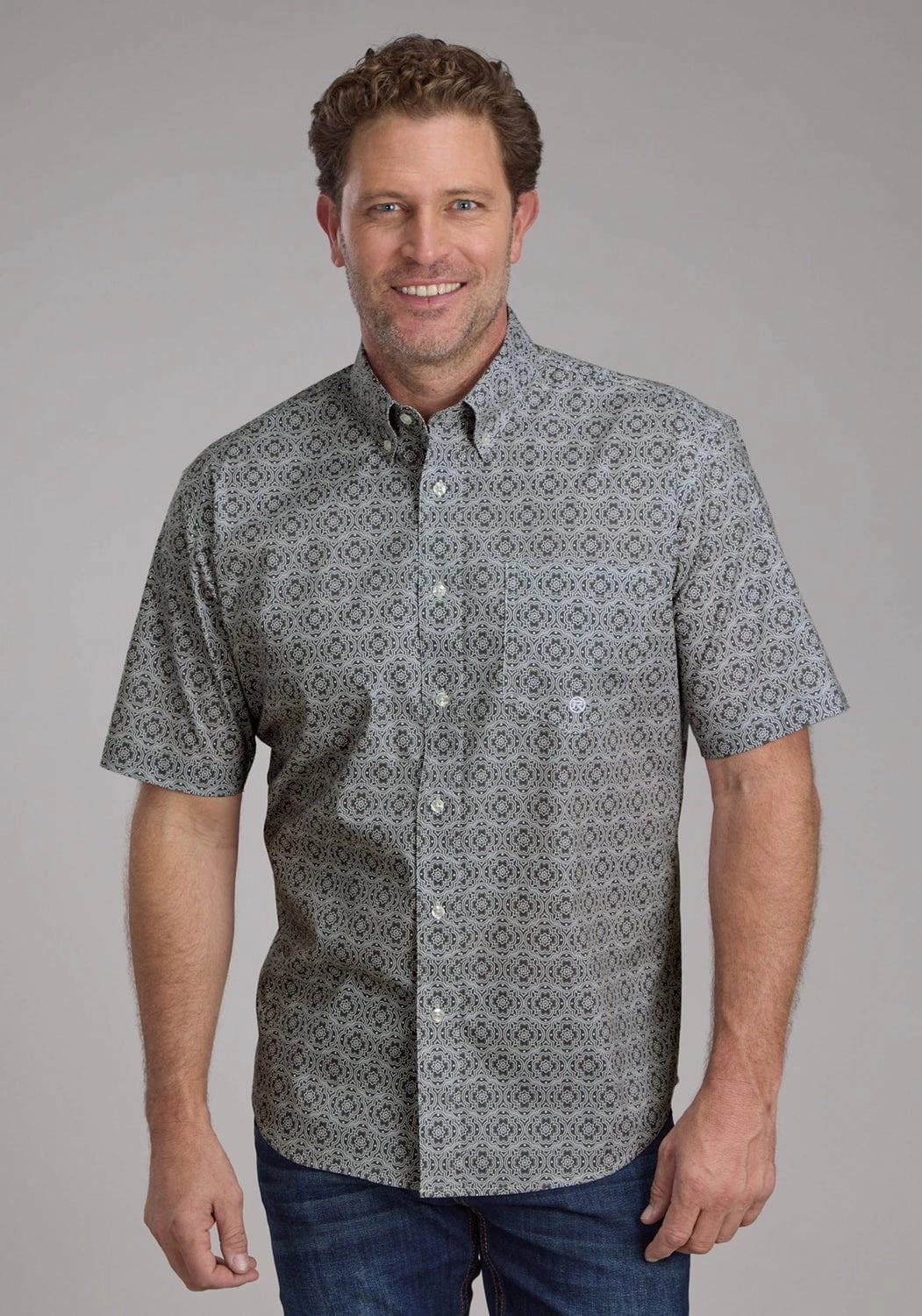 Roper Mens Stretch Medallion Paisley Grey Cotton Blend 1 Pkt S/S Shirt Modern Look