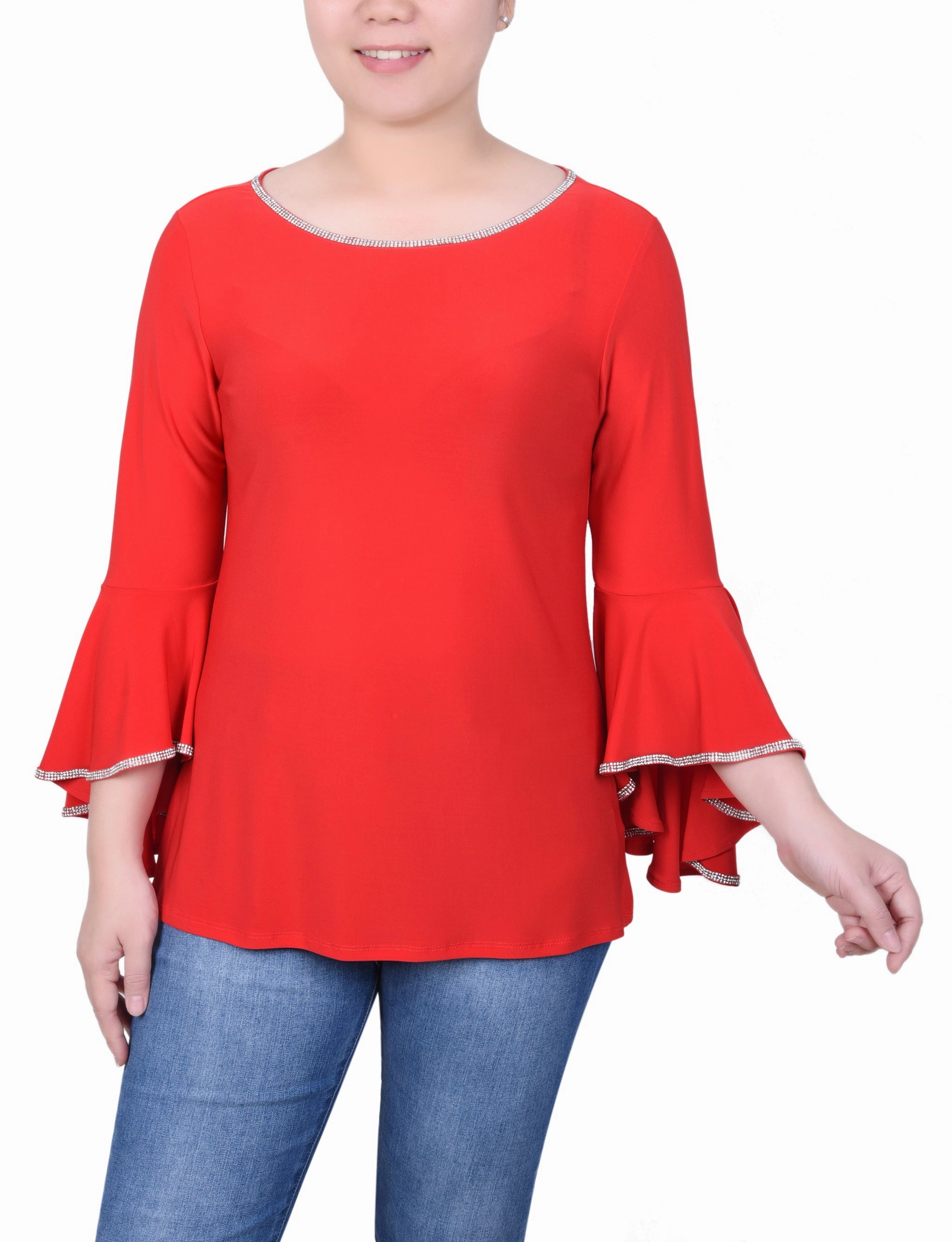 Petite Long Bell Sleeve Tunic Top With Stone Details Cold Weather