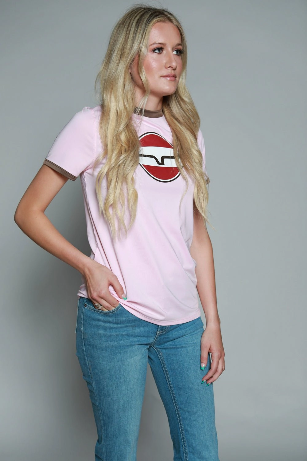 Zip Front Kimes Ranch Womens Union Made Ringer Tee Blush Polyester S/S T-Shirt