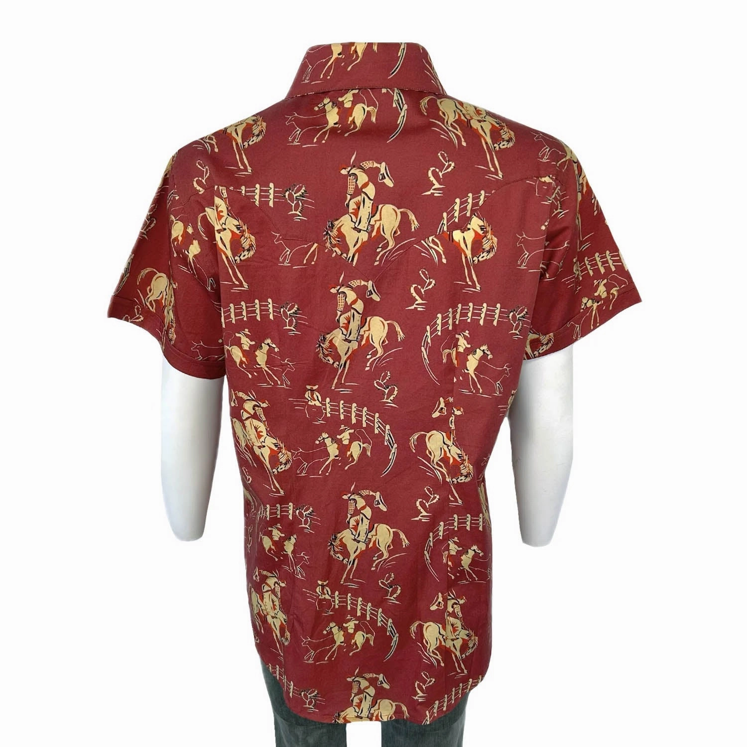 Rockmount Womens Vintage Bronc Print Red 100% Cotton S/S Shirt Minimalist Closure