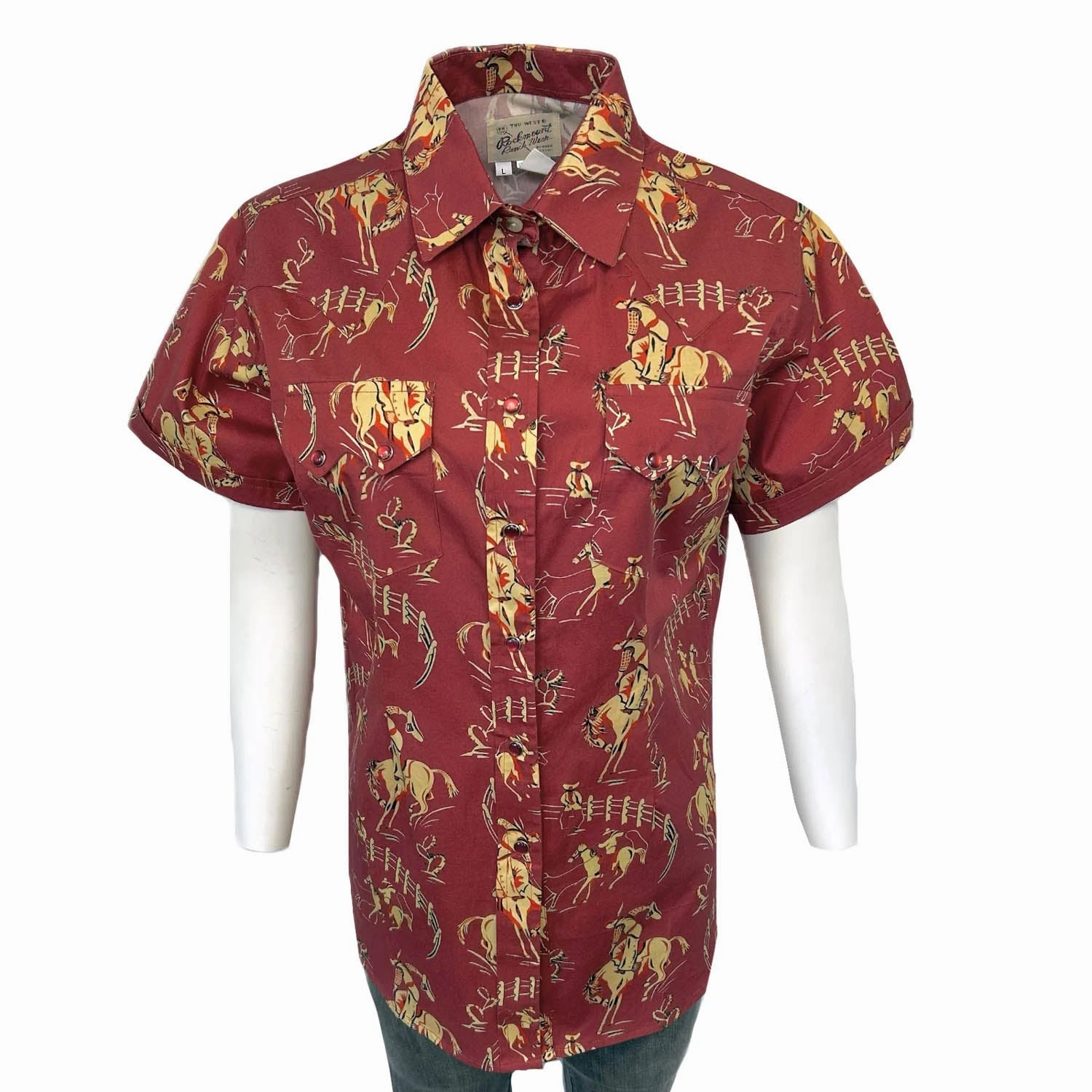 Rockmount Womens Vintage Bronc Print Red 100% Cotton S/S Shirt Gym Appropriate