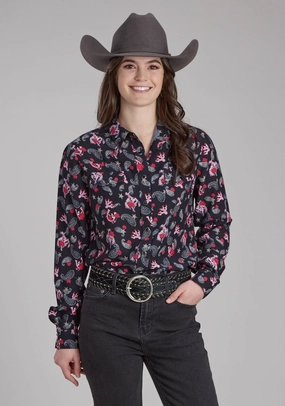 Roper Womens Bronc Rider Print Black 100% Rayon L/S Blouse Flatlock stitching