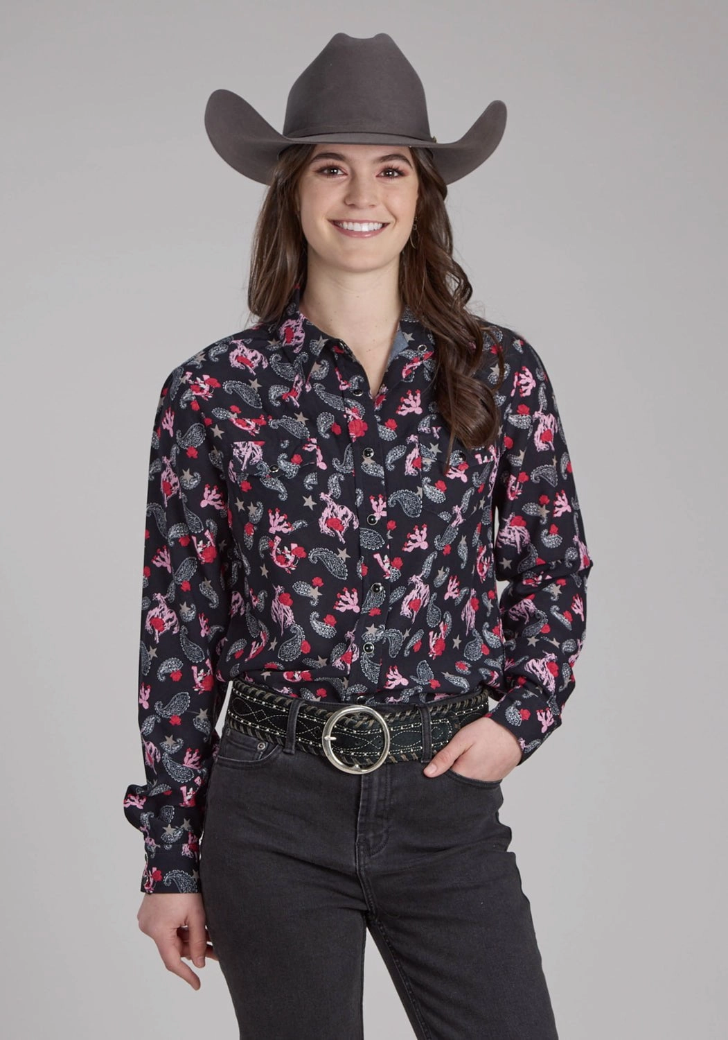 Eco Friendly Dye Luxurious Feel Roper Womens Bronc Rider Print Black 100% Rayon L/S Blouse