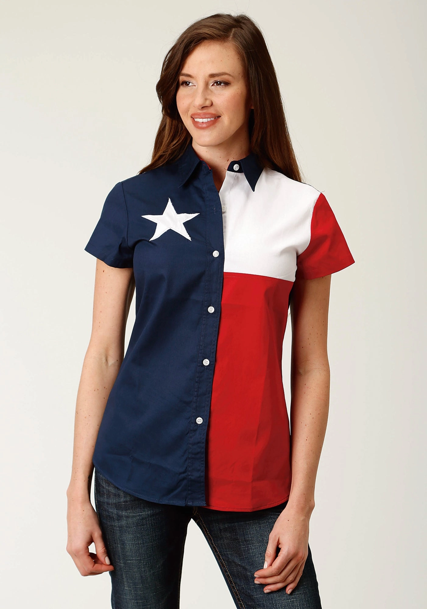 Tailored Style Roper Womens Red/Blue 100% Cotton Texas Flag BD S/S Shirt