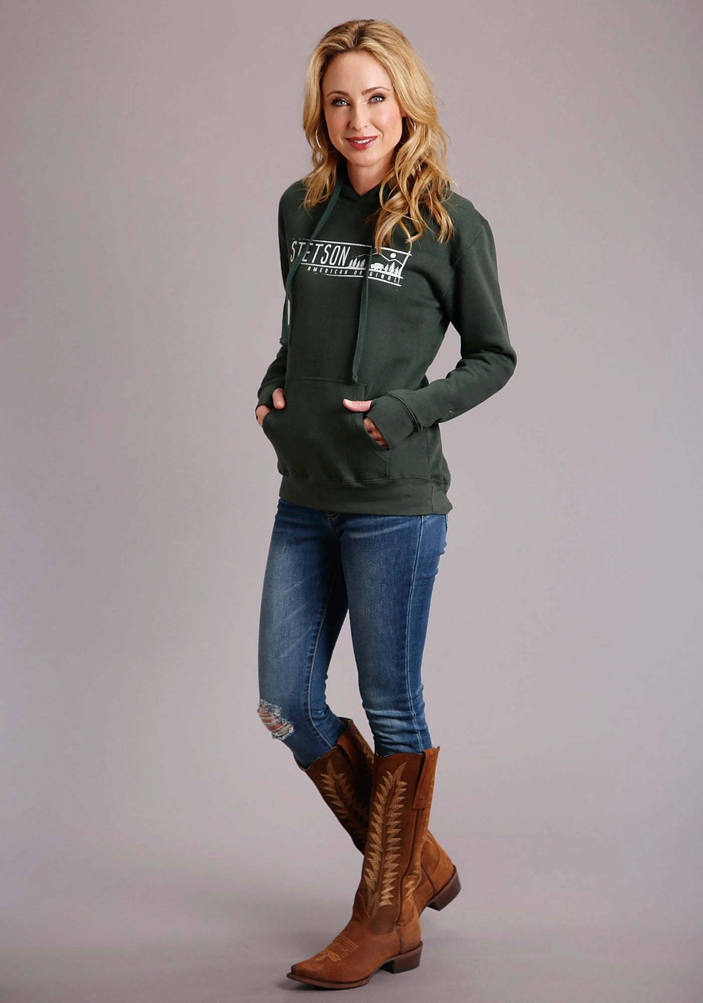 Stretch Fabric Stetson Womens Hunter Green Cotton Blend Original Hoodie