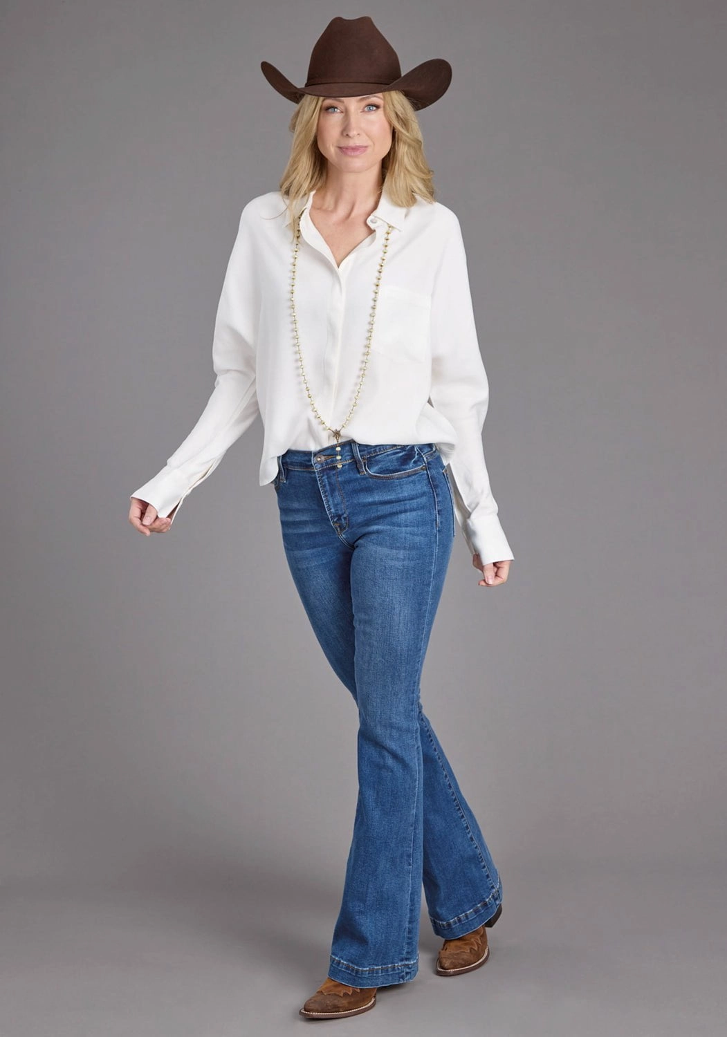 Stetson Womens Loose Collared Cream 100% Rayon L/S Blouse Holiday Special