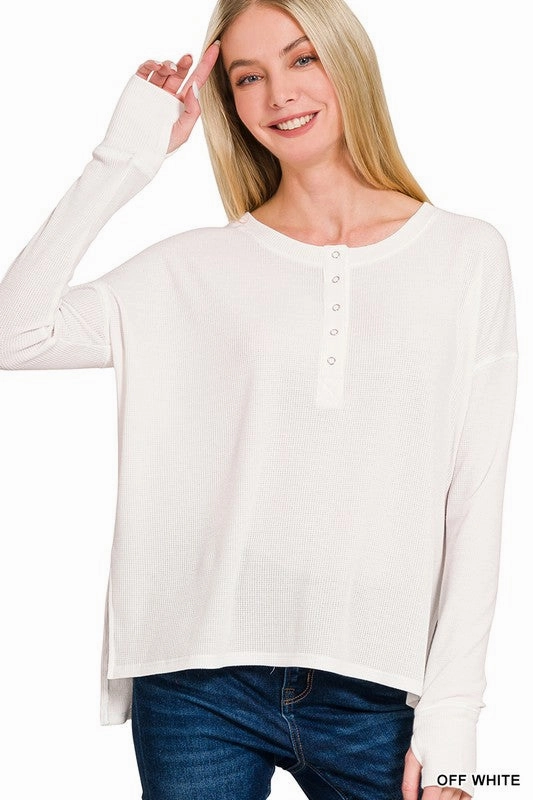 Relaxed Look Wendy Waffle Thumb Hole Cuffs Henley Tee