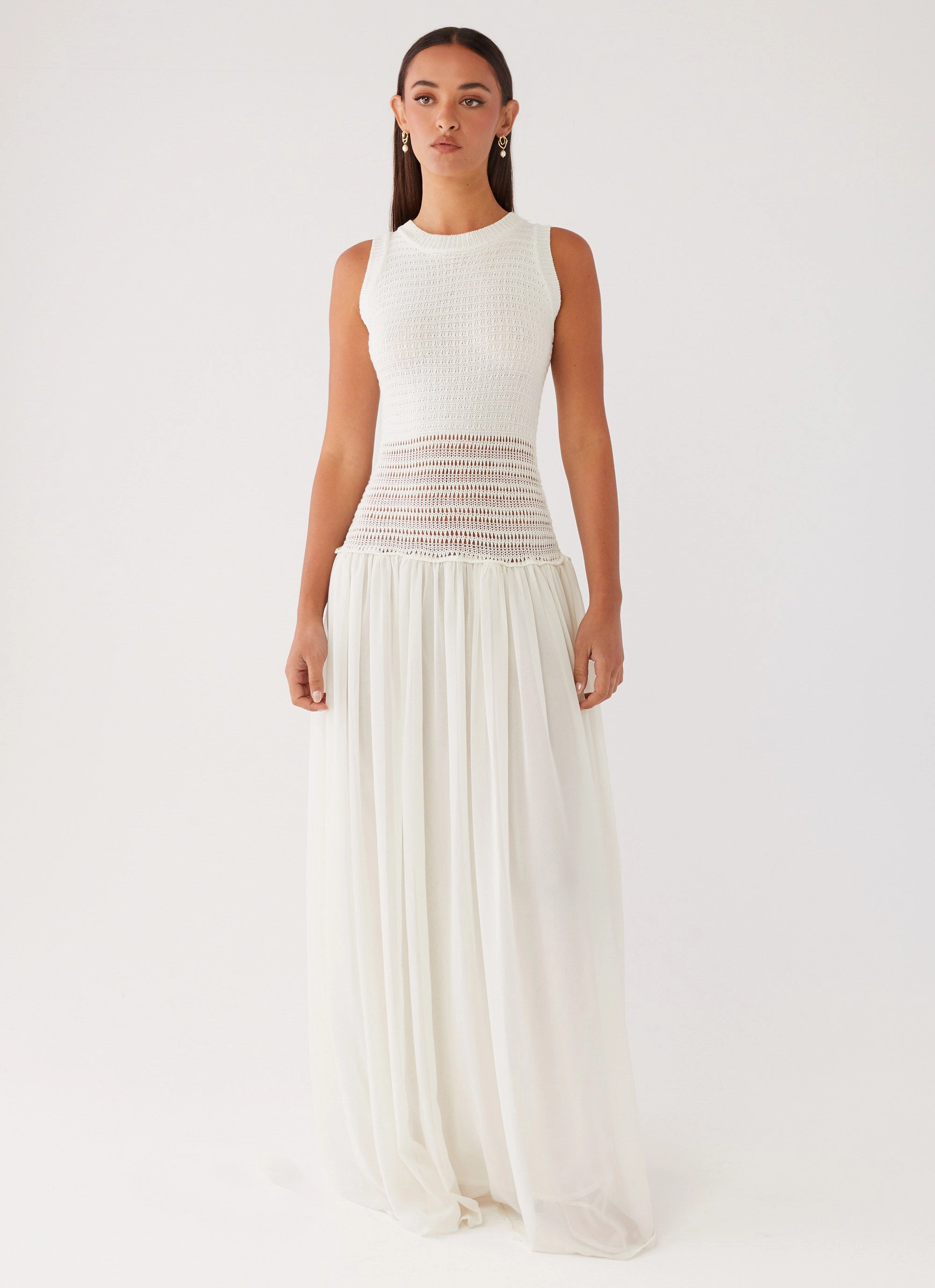 Off Grid Crochet Maxi Dress - White Breeze Flow Cozy Drape