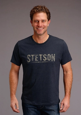 Trendsetting Work From Home Stetson Mens Blue Cotton Blend Distressed Logo S/S T-Shirt