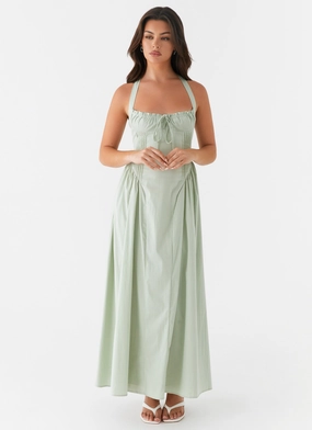 Olenna Halterneck Midi Dress - Sage Ruched-Detail Influencer-Approved