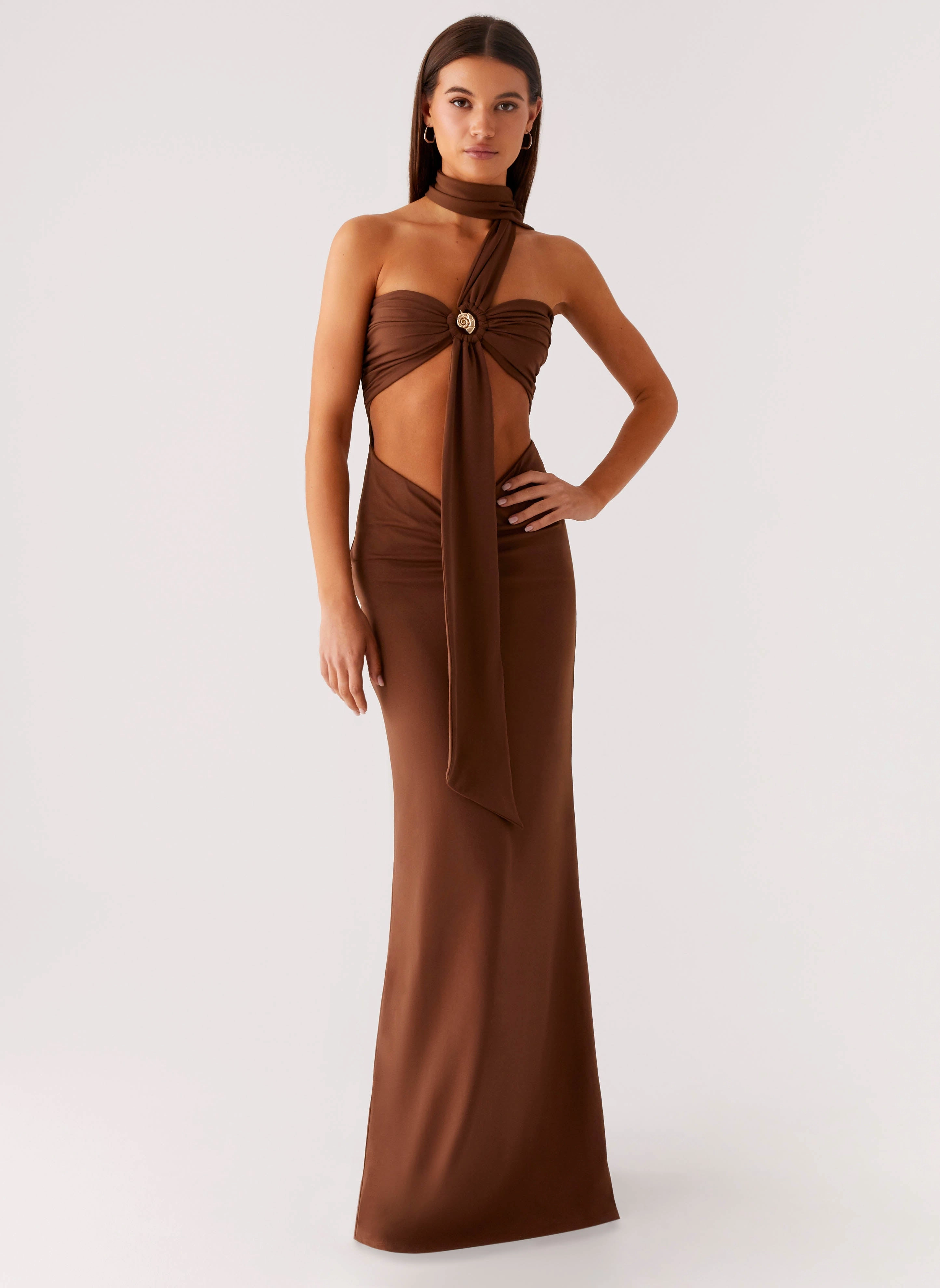Elegant holiday wear Vibrant Style Olive Bloom Maxi Dress - Chocolate